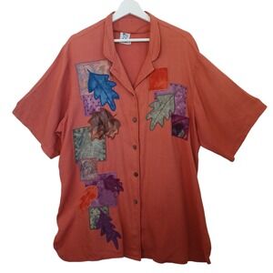 Alfredos Wife Womens 1X Rust Leaf Patchwork Short Sleeve Button Up Tunic Shirt